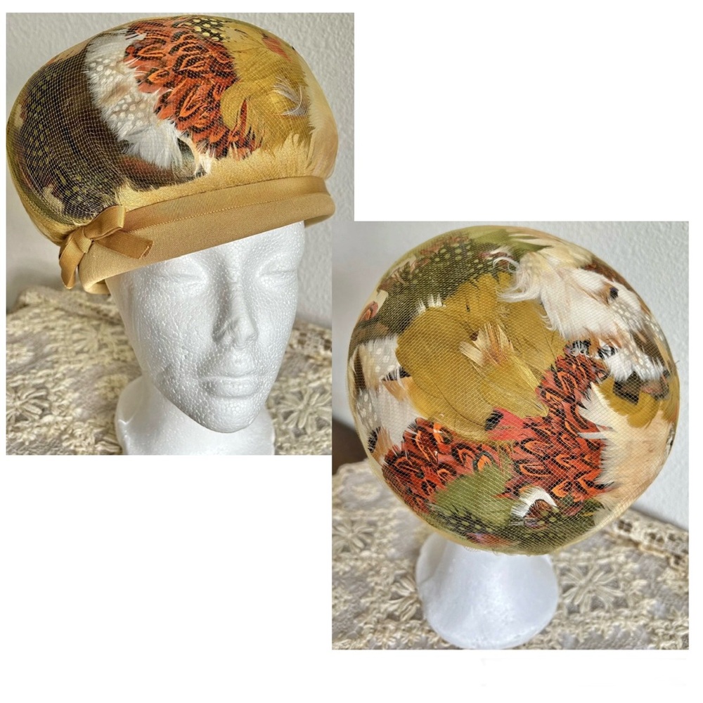 Vintage 50s Feathers Brown Orange Tan Unique Gatsby Flapper Deco Cloche Bird Hat